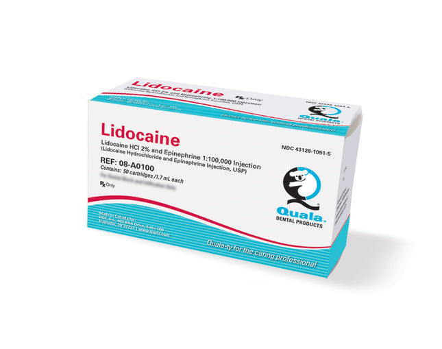 Quala | Lidocaine HCL 2% with Epinephrine 1:100,000, 1.7 mL Cartridges, 50/Box | 08-A0100-1