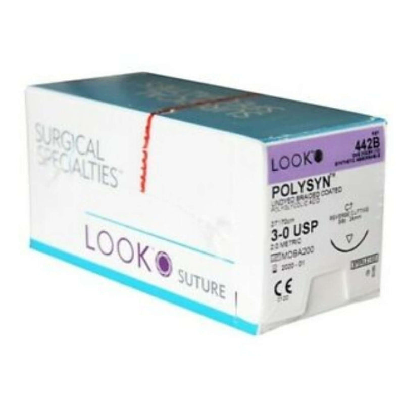 Absorbable Suture with Needle PolySyn Polyglycolic Acid C7 3/8 Circle Reverse Cutting Needle Size 3 - 0 Braided 442B