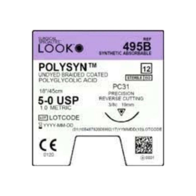Absorbable Suture with Needle PolySyn Polyglycolic Acid PC31 3/8 Circle Precision Reverse Cutting Needle Size 5 - 0 Braided 495B