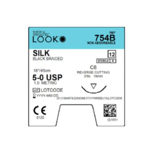 Nonabsorbable Suture with Needle LOOK Silk C6 3/8 Circle Reverse Cutting Needle Size 5 - 0 Braided 754B