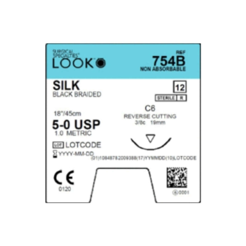 Nonabsorbable Suture with Needle LOOK Silk C6 3/8 Circle Reverse Cutting Needle Size 5 - 0 Braided 754B