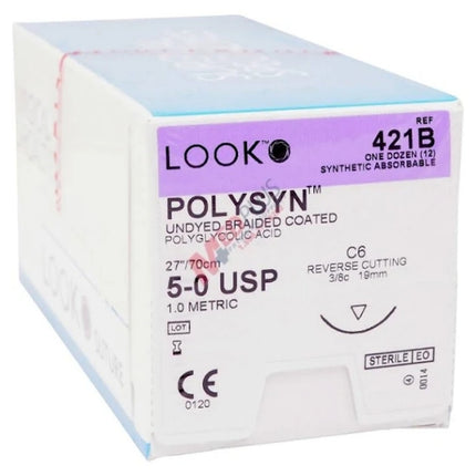 Absorbable Suture with Needle PolySyn Polyglycolic Acid C6 3/8 Circle Reverse Cutting Needle Size 5 - 0 Braided