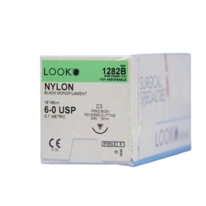 Nonabsorbable Suture with Needle LOOK Nylon C3 3/8 Circle Precision Reverse Cutting Needle Size 6 - 0 Monofilament 1282B