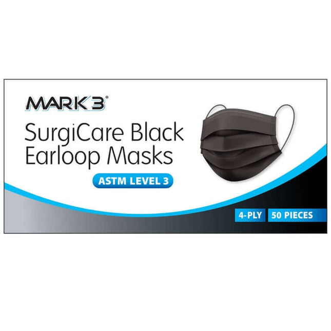 MARK3 SurgiCare Earloop Face Masks, ASTM Level 3, Black, 50/Box | SurgiMac Dental Supply