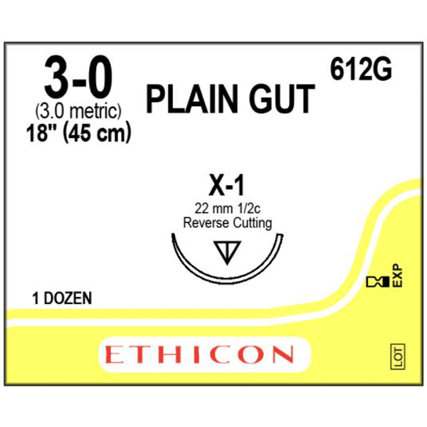 Absorbable Suture with Needle Plain Gut X-1 1/2 Circle Reverse Cutting Needle Size 3 - 0