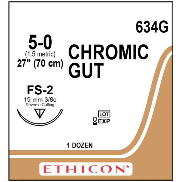 Absorbable Suture with Needle Chromic Gut FS-2 3/8 Circle Reverse Cutting Needle Size 5 - 0