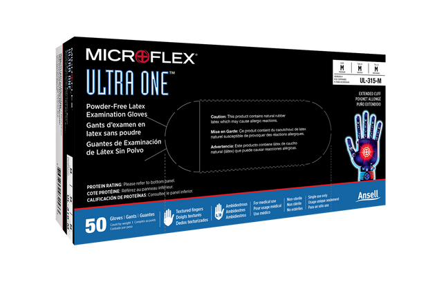 Ansell Microflex Ultra One Powder-Free Extended Cuff Latex Exam Gloves | UL-315-S-50bx | Ansell | SurgiMac