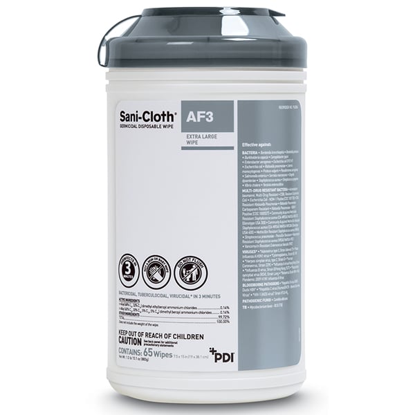 Sani-Cloth AF3 X-Large Wipes (7.5 x 15) 65 wipes/can. Disinfects in 3 minutes