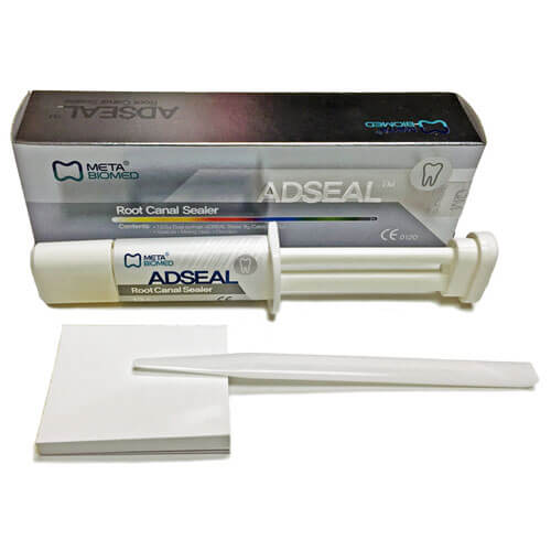 Adseal - Resin-Based Root Canal Sealer, Radiopaque, 13.5 Gm. Dual Syringe (9 Gm. Base and 4.5 Gm. Catalyst), 1 Spatula, 1 Mixing Plate. Excellent biocompatibility . Working time: 35 minutes at 23C (73F). Setting time: 45 minutes at 37C (99F). | SurgiMac D
