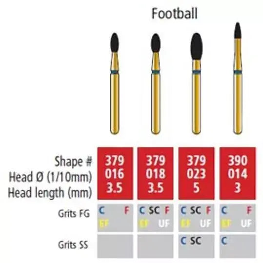 Alpen FG #889.027 Coarse Grit, Pointed Football Diamond Bur. Package of 5 Burs | SurgiMac Dental Supply