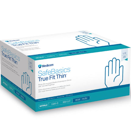 SafeBasics True Fit Thin Powder-Free Nitrile Gloves, Blue. 300/bx, 8 bx/cs