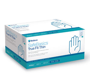 SafeBasics True Fit Thin Powder-Free Nitrile Gloves, Blue. 300/bx, 8 bx/cs 1185-B