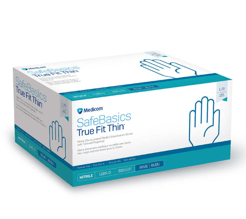 SafeBasics True Fit Thin Powder-Free Nitrile Gloves, Blue. 300/bx, 8 bx/cs 1185-B