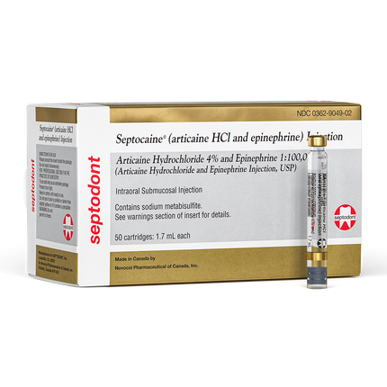 Septocaine Articaine 4% with Epinephrine 1:100,000. Box of 50 - 1.7 mL