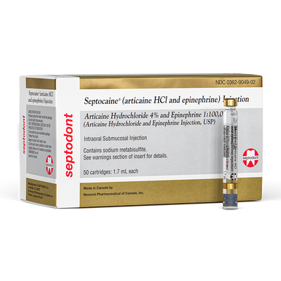 Septocaine 4% Articaine With Epinephrine 1:100,000 - Box of 50 Cartridges (1.7 mL Each)
