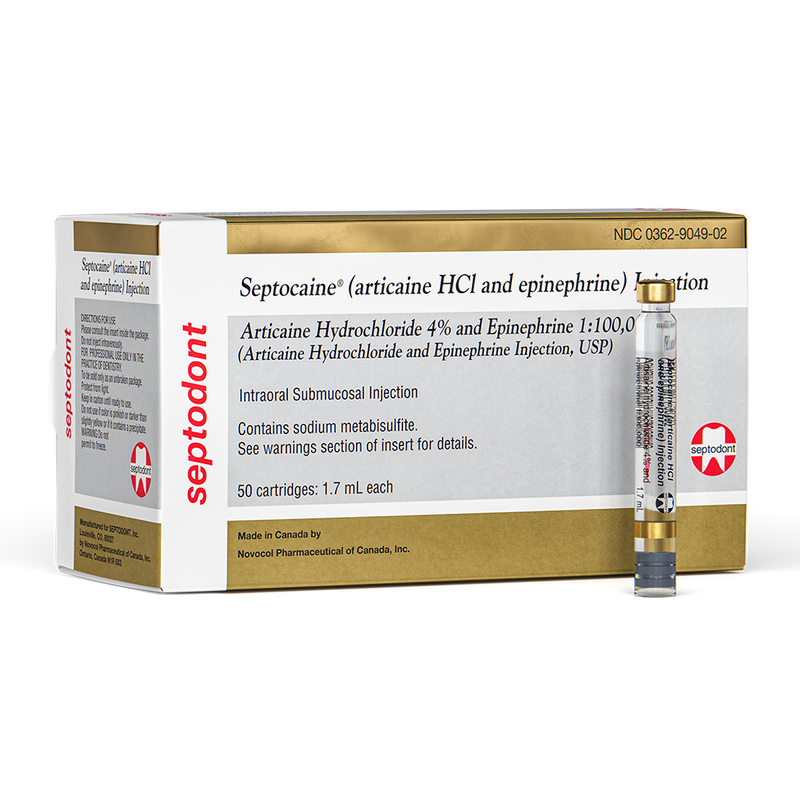 Septocaine 4% Articaine With Epinephrine 1:100,000 - Box of 50 Cartridges (1.7 mL Each) 01A1400-1