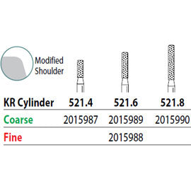 Two Striper FG #521.6 KR Cylinder Fine Diamond Bur, Pack of 5. KR Modified