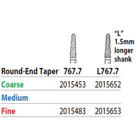 Two Striper FG L767.7 Fine Grit, Round End Taper Diamond Bur. Package of 5 Burs