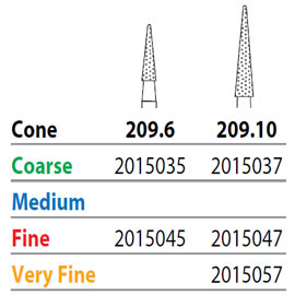 Two Striper FG #209.10 Very Fine Diamond Bur, Cone. Pack of 5