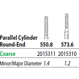 Two Striper FG 550.8 Coarse Diamond Bur, Cylinder Round-End. Pack of 5