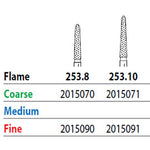 Two Striper FG #253.8 Fine Diamond Burs, Flame shaped. Pack of 5