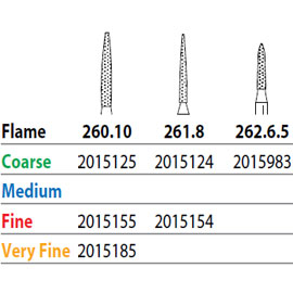 Two Striper FG #260.10 Coarse Diamond Burs, Flame shaped. Pack of 5