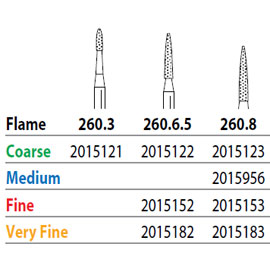 Two Striper FG #260.3 Coarse Diamond Burs, Flame shaped. Pack of 5