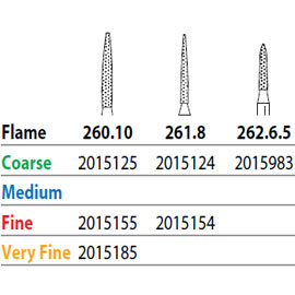 Two Striper FG #261.8 Coarse Diamond Burs, Flame shaped. Pack of 5