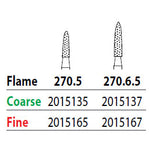 Two Striper FG #270.6.5 Fine Diamond Burs, Flame shaped. Pack of 5