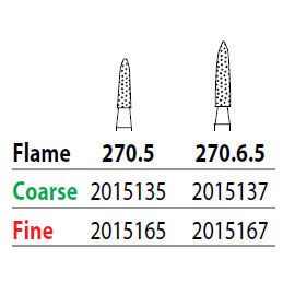 Two Striper FG #270.6.5 Coarse Diamond Burs, Flame shaped. Pack of 5
