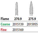 Two Striper FG #275.9 Coarse Diamond Burs, Flame shaped. Pack of 5
