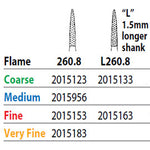 Two Striper FG #L260.8 Fine Diamond Burs, Flame shaped. Pack of 5