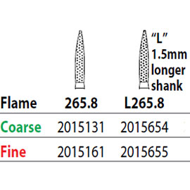 Two Striper FG #L265.8 Fine Diamond Burs, Flame shaped. Pack of 5