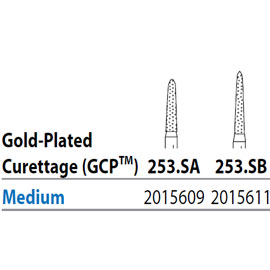 Two Striper FG 253.SB Medium Diamond Burs, Gold-Plated Curettage, 8mm Cutting