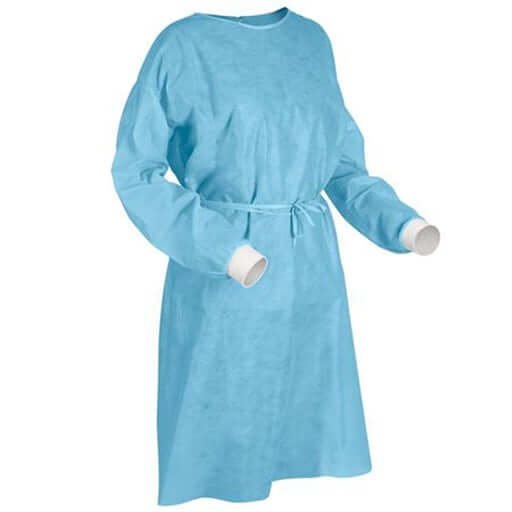 House Brand Isolation Gown With Knit Cuff - Blue, One Size Fits All. Package | SurgiMac Dental Supply