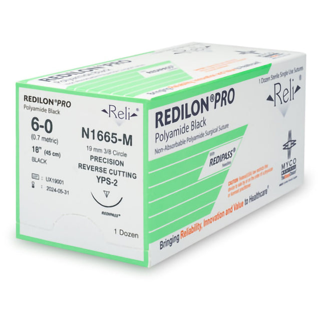 Nonabsorbable Suture with Needle Reli Redilon Nylon MPS-3 3/8 Circle Conventional Cutting Needle Size 6 - 0 Monofilament | N1665-M | MYCO Medical | SurgiMac