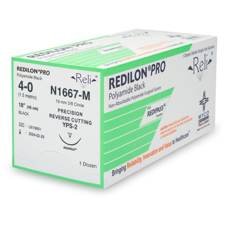 Nonabsorbable Suture with Needle Reli Redilon Nylon MPS-2 3/8 Circle Precision Reverse Cutting Needle Size 4 - 0 Monofilament N1667-M