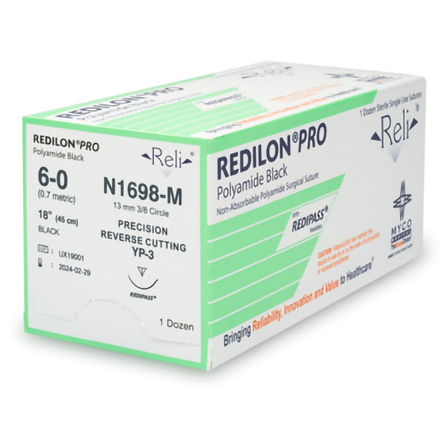 Nonabsorbable Suture with Needle Reli Redilon Nylon MP-3 3/8 Circle Precision Reverse Cutting Needle Size 6 - 0 Monofilament | N1698-M | MYCO Medical | SurgiMac