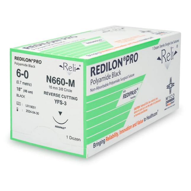 Nonabsorbable Suture with Needle Reli Redilon Nylon MFS-3 3/8 Circle Reverse Cutting Needle Size 6 - 0 Monofilament | N660-M | MYCO Medical | SurgiMac