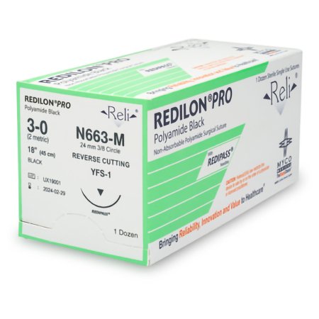 Nonabsorbable Suture with Needle Reli Redilon Nylon MFS-1 3/8 Circle Reverse Cutting Needle Size 3 - 0 Monofilament N663-M