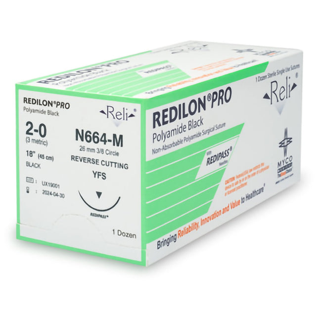 Nonabsorbable Suture with Needle Reli Redilon Nylon MFS 3/8 Circle Reverse Cutting Needle Size 2 - 0 Monofilament | N664-M | MYCO Medical | SurgiMac