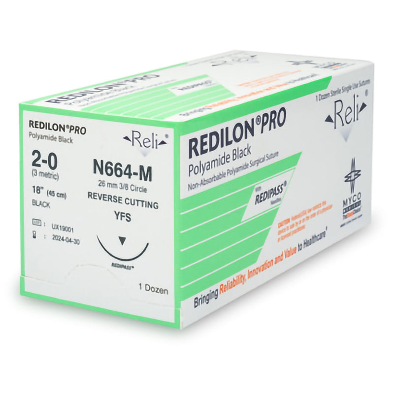 Nonabsorbable Suture with Needle Reli Redilon Nylon MFS 3/8 Circle Reverse Cutting Needle Size 2 - 0 Monofilament N664-M