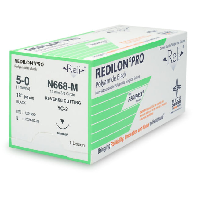 Nonabsorbable Suture with Needle Reli Redilon Nylon MC 3/8 Circle Reverse Cutting Needle Size 5 - 0 Monofilament | N668-M | MYCO Medical | SurgiMac