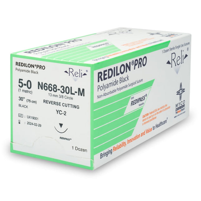 Nonabsorbable Suture with Needle Reli Redilon Nylon MC 3/8 Circle Reverse Cutting Needle Size 5 - 0 Monofilament | N668-30L-M | MYCO Medical | SurgiMac