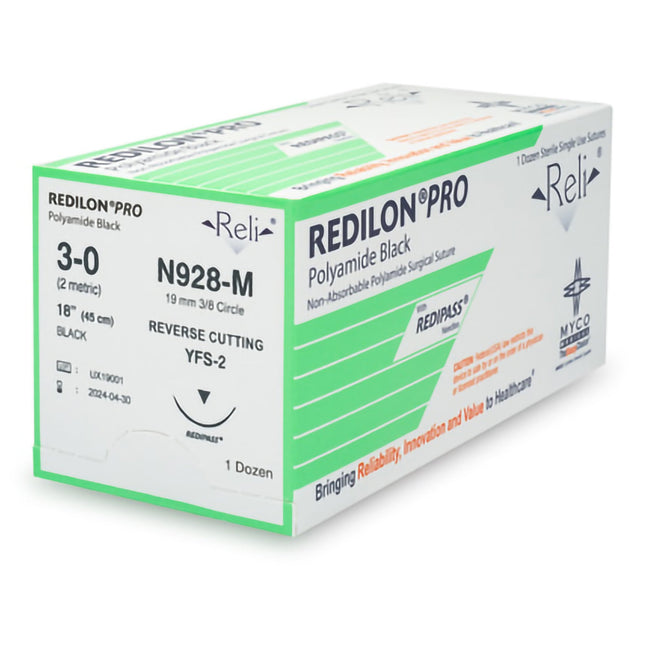 Nonabsorbable Suture with Needle Reli Redilon Nylon MFS-2 3/8 Circle Reverse Cutting Needle Size 4 - 0 Monofilament | N928-M | MYCO Medical | SurgiMac