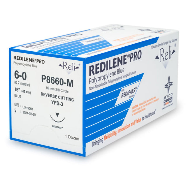 Nonabsorbable Suture with Needle Reli Redilene Polypropylene MFS-3 3/8 Circle Conventional Cutting Needle Size 6 - 0 Monofilament | P8660-M | MYCO Medical | SurgiMac