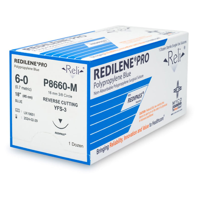 Nonabsorbable Suture with Needle Reli Redilene Polypropylene MFS-3 3/8 Circle Conventional Cutting Needle Size 6 - 0 Monofilament P8660-M