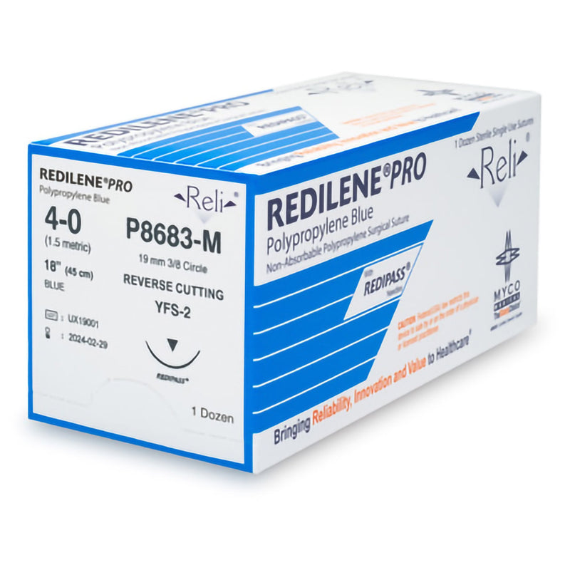 Nonabsorbable Suture with Needle Reli Redilene Polypropylene MFS-2 3/8 Circle Reverse Cutting Needle Size 4 - 0 Monofilament P8683-M