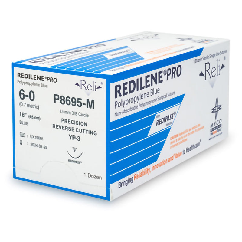 Nonabsorbable Suture with Needle Reli Redilene Polypropylene MP-3 3/8 Circle Precision Reverse Cutting Needle Size 6 - 0 Monofilament P8695-M