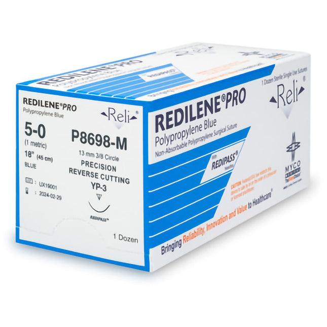 Nonabsorbable Suture with Needle Reli Redilene Polypropylene MP-3 3/8 Circle Conventional Cutting Needle Size 5 - 0 Monofilament | P8698-M | MYCO Medical | SurgiMac